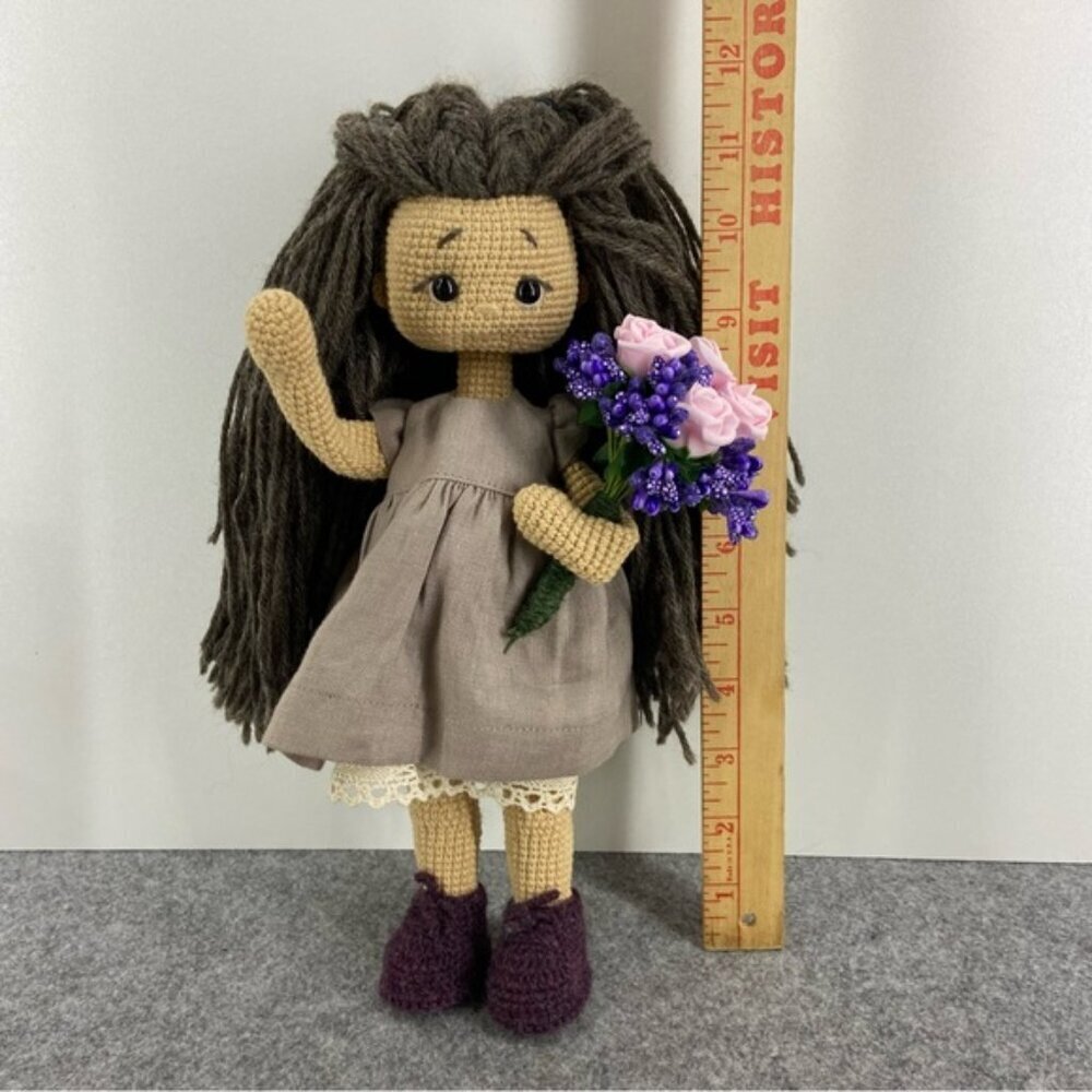 Handmade Crochet Doll with Brown Hair and Purple Boots - Picture 9 of 12